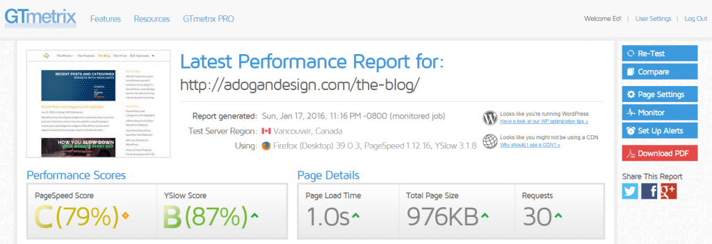 GTmetrix page speed analysis